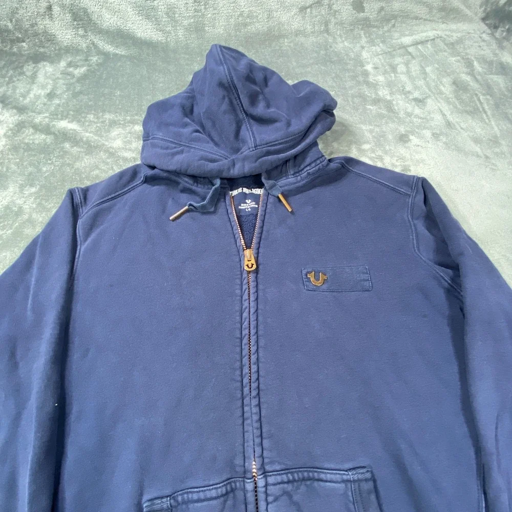 True Religion Hoodie Large Blue Full Zip Sweatshirt Horseshoe Logo Casual‎ Heavy